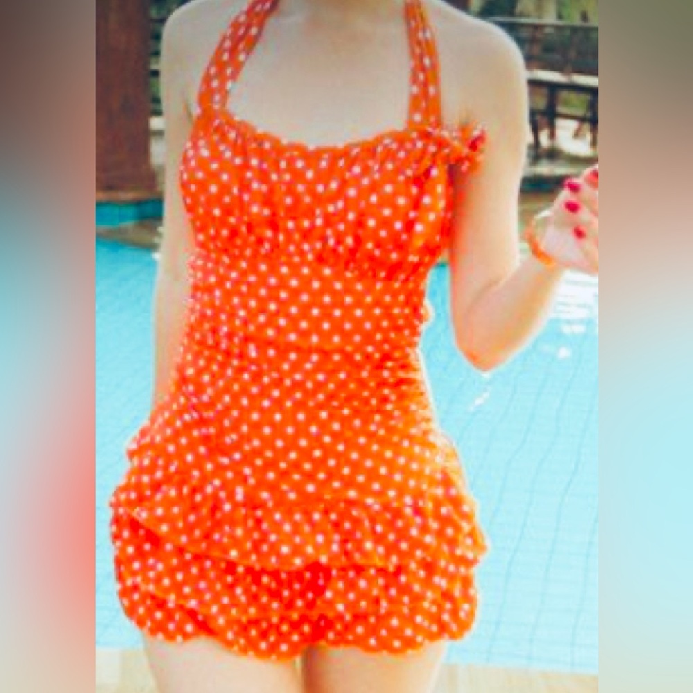 Womens Red White Comfort Polka Dot Halter Neck One Piece Swimsuit Size L (M)